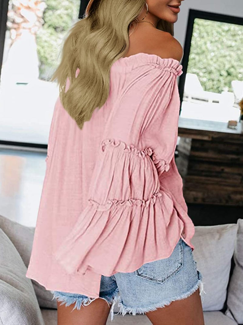Farktop Womens Off The Shoulder Long Bell Sleeve Tops Flared Casual Loose Blouse (Light Pink, XX-Large) - Image 3